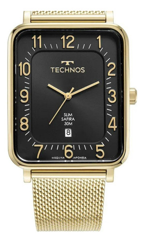 Relógio Technos Masculino Quadrado Safira Gm10yr/1p Dourado Cor do fundo Preto