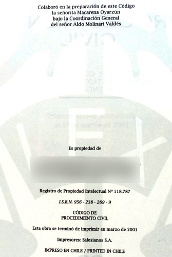 Código De Procedimiento Civil República Chile 2001 / Derecho (Usado)