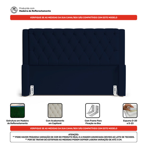 Cabeceira Cama Box Casal Atena 140cm Suede Azul Marinho