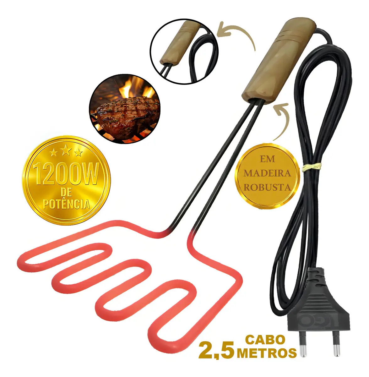 Acendedor 4 Voltas Elétrico De Churrasqueira À Carvão ( Cabo Grande + Empunhadura De Madeira Robusta)