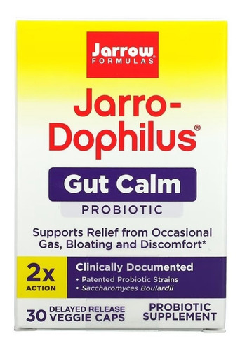 Jarro-Dophilus Gut Calm auxilia no alívio ocasional de gases, inchaço e desconforto com cepas probióticas patenteadas e Saccharomyces Boulardii, contém 30 cápsulas vegetais de liberação retardada.