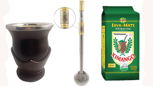 Kit Chimarrão Cuia Porongo E Bomba Aço Inox Detalhes Ouro 18