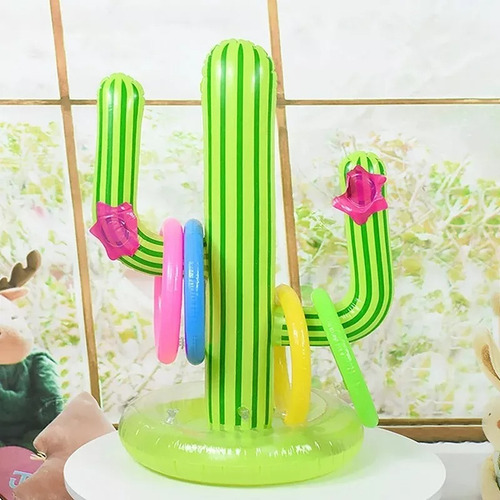 Juego Inflable De Cactus Lanzamiento De Aros Para Alberca F Color Verde