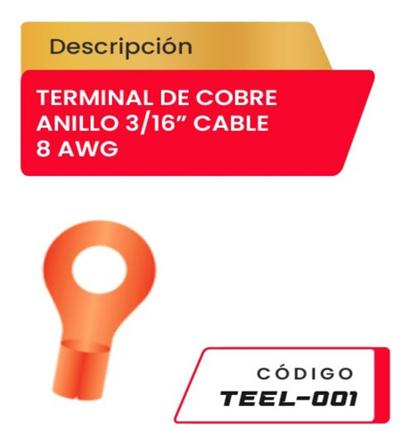 Terminal De Cobre Anillo 3/16  Cable 8 Awg Teel-001 Codire