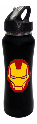Termo Pitillo Cara Iron Man Avengers Botilito Aluminio Negro