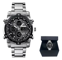Comprar Reloj de lujo Skmei Anadigi Sport Social Color plata bisel color negro\u002Fplata Color de fondo negro y plateado Color de fondo negro