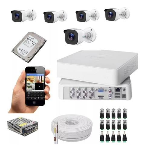 Kit Top 5 Câmeras Hikvision Completo Full Hd Dvr 8 Canais 