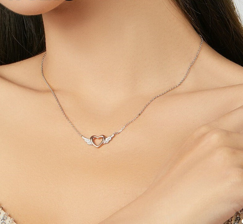 Collar De Plata Fina S925 Y Circones - Diseño Corazón Y Alas