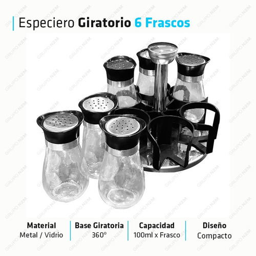 Imagen 2 de 10 de Set Condimentero Especiero Giratorio 6 Frascos Vidrio Acero