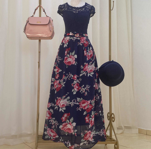 Imagem 2 de 8 de Vestido Longo Elegante Azul Marinho Floral