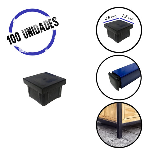 Ponteira Interna Metalon 25x25 - 100 Peças Cor Preto