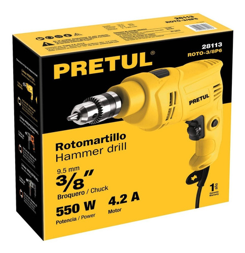 Taladro Rotomartillo 3/8 Pretul Roto-3/8p6 550w V. Variable Frecuencia 60 Hz Color Amarillo