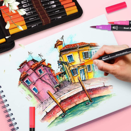 Kit 80 Canetas Ponta Dupla Com Pincel Duplo Fine Line Touch