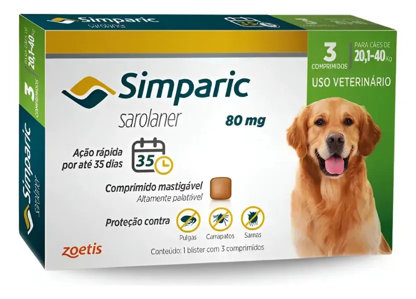 Simparic 80mg 3 Comprimidos Antipulgas Cães 20-40kg Zoetis