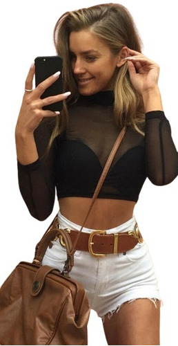 Sexy Crop Top Blusa Hotwife Transparente De Manga Larga