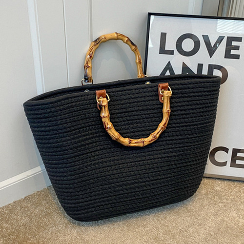Bolsos De Playa De Moda Con Mango De Bambú, Algodón Tejido A