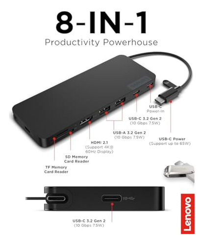 Lenovo Usb-c Slim Travel Dock, 8 Ports, Up To 65w