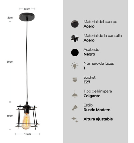 Lámpara Colgante Moderno Negro 60w E27 1 Luz Lumimexico 21267-2