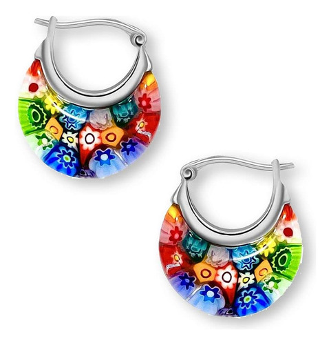 Aretes De Aro De Cristal De Murano Millefiori Con Flores Ar.