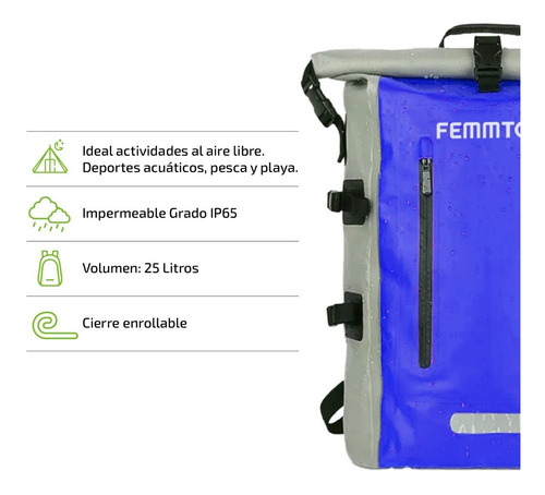 Imagen 7 de 10 de Mochila Estanco De Aire Libre 25 Lts Femmto Mochilero Viaje