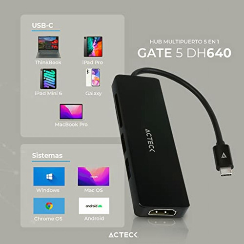 Hub Usb C 5 En 1 Gate 5 Dh640 4khdmi + 1xusb A 3.0 + 1xusb A