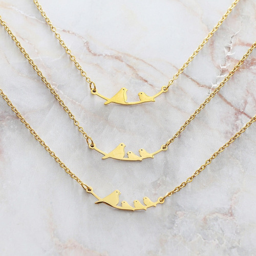 Collar Mujer Dije Pajaritos Baño Oro 14k Mamá Acero Regalo