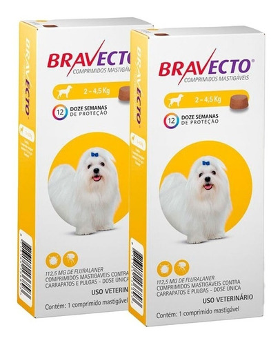 Bravecto Combo 2 Unid 112,5 Mg Comprimido Cães Até 4,5 