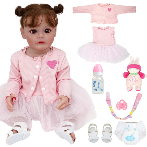 Bebê Reborn Brastoy Boneca Menina Rosa - Saia De Gaze 100% Silicone 55cm