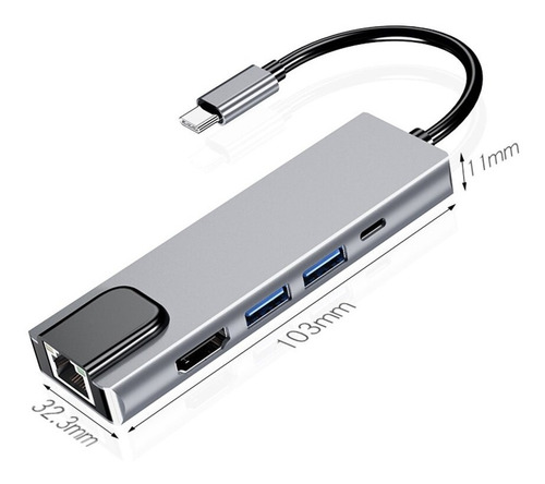 Hub Usb Tipo C 5 En 1 Ethernet, 2 Usb3.0, Hdmi Y Usb Tipo C
