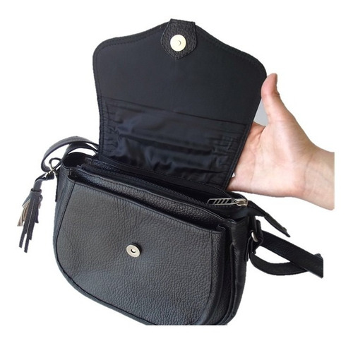 Bolso Negro Cuero 100% Mujer Estilo Carriel Envio Gratis
