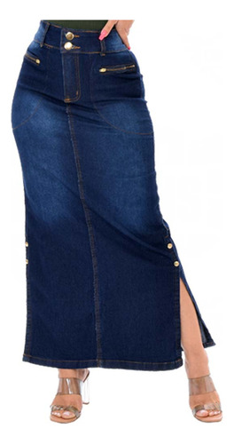 Saia Longa Jeans Com Abertura Lateral - Azul Escuro