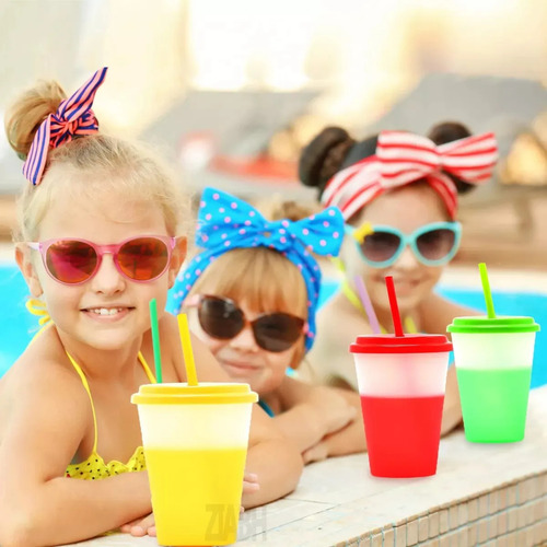 Piezas Vasos Magicos Cambia Color De Plastico Con Tapa Y Popot Vasos Reutilizables Cambia De Color Con El Frio 10 Unidades
