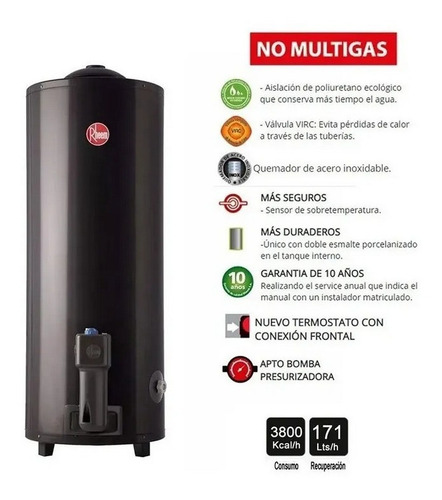 Imagen 2 de 3 de Termotanque Rheem Gas Natural 80lts Tgnp080rh De Pie Sup !