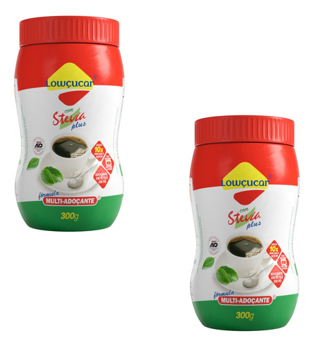 Kit Com 2 Adoçante Lowçucar Plus Com Stévia Em Pó Pote 300g