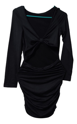 Vestido Corto Negro Sexy Escote Abdomen Manga Larga, Talla M