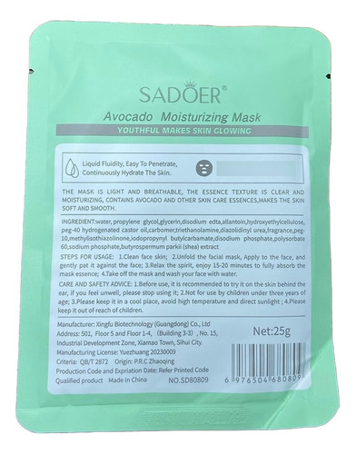 Sadoer Mascarilla Facial Hidratante Aguacate Skincare