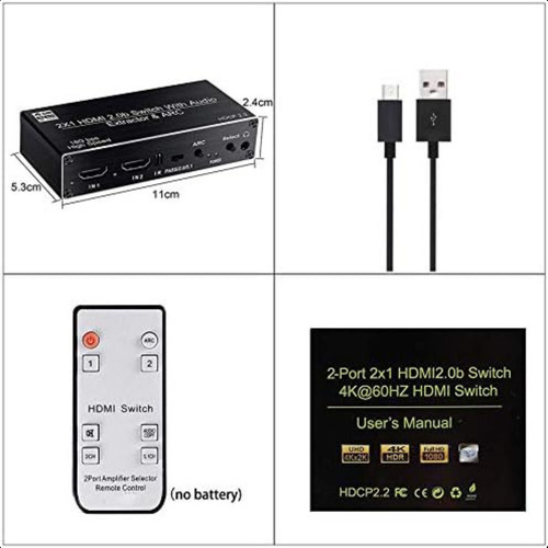 Switch Hdmi 4k 60hz 2x1 Com Extrator De Áudio Uhd Kit C/ 20