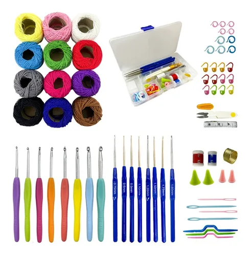 Kit Crochê Completo 16 Agulhas 12 Linhas De Algodão Colorida