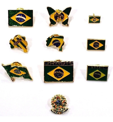 Coleção 10 Bótons Pins Tema Do Brasil Bandeira Mapa Souvenir