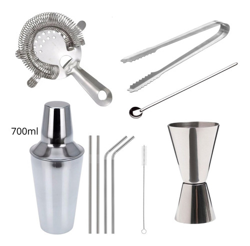 Kit Combo Barman Coctelera Jigger Colador Bebidas Acero Inox