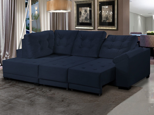 Sofá Canto 5 Lug Chaise E Mola Bonnel Retrátil Suede Azul Cor Azul-escuro