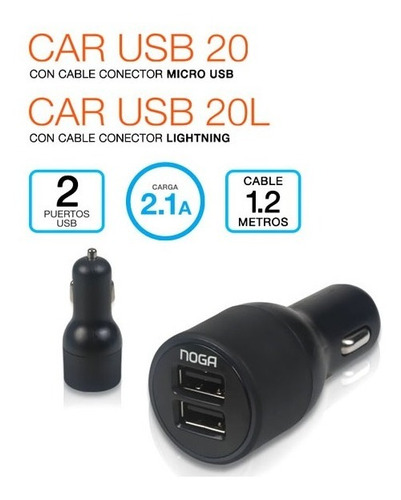 Imagen 2 de 5 de Cargador Noga Usb Para Auto + Cable Micro Rapido 2.1a