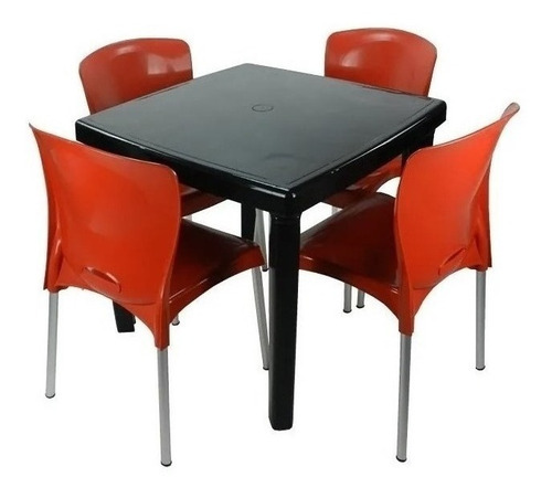 Conjunto 1 Mesa Quadrada E 4 Cadeiras Com Pés De Alumínio Cor Preto e Vermelho