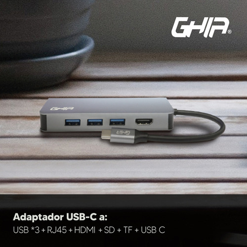 Adaptador Multipuerto Ghia 8 En 1 Usb 3.1 Tipo C A Hdmi Rj45