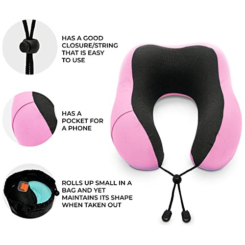 Pink 100% Memory Foam Travel Pillow, Airplane Pillow Wi...