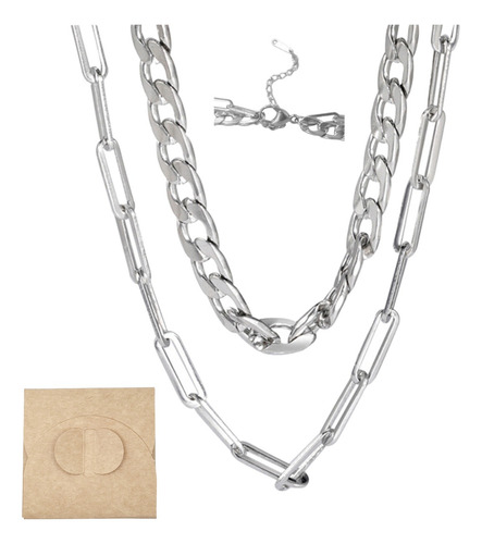 Imagen 5 de 10 de Cadena Cubana Eslabones Hombre Collar Doble Acero Plata 8mm