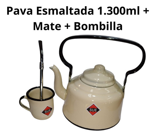 Caldera-pava Esmaltada Sue 1.3 Lt + Mate Sue + Bombilla