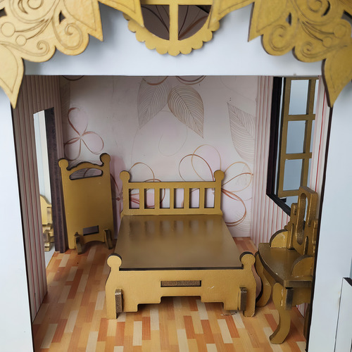 Casinha De Bonecas Infantil Mdf 2 Andares 22 Móveis Dourada