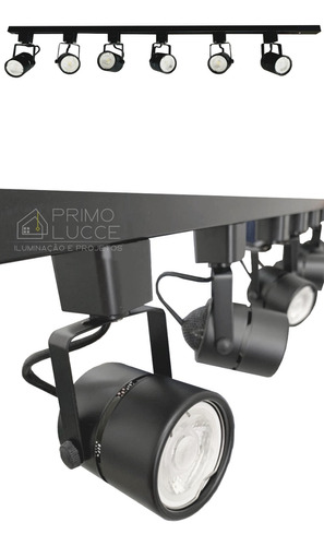 Kit Trilho 1,5 Mt Preto 4 Spot Gu10 4 Lampada Led 7w 3000k