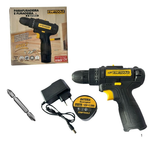 Furadeira Parafusaderia A Bateria 12v 3/8 Bi Volt Preta